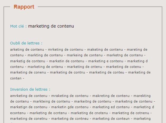 rapport généré pour les fautes de frappe sur le mot clé "marketing de contenu"